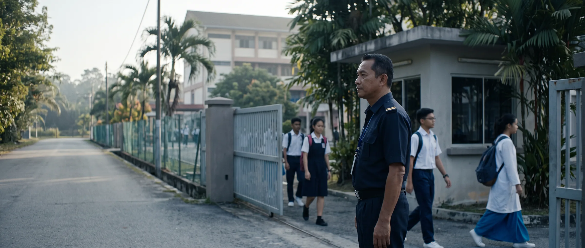 学校保安在校门口观察学生入校