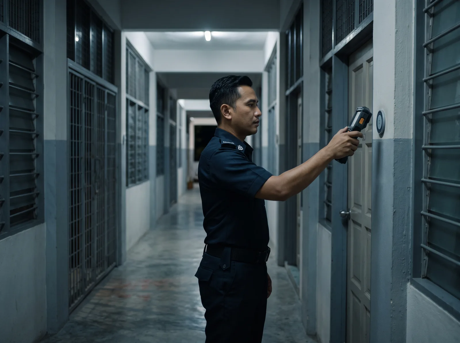 保安正在扫描学校走廊的检查点标签