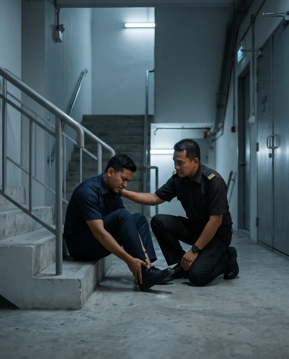 主管跪下帮助在楼梯间摔倒的保安
